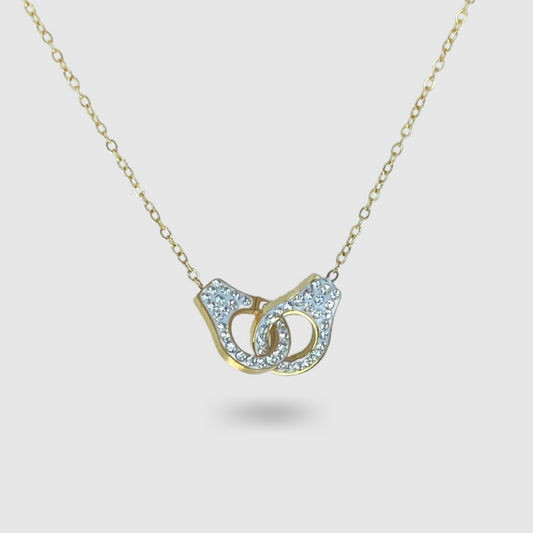 Collier ajustable, acier inox, pendentif menottes, or, strass
