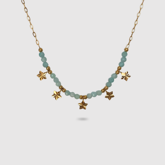 Collier Stellina-perles, acier inoxydable, étoiles, perles turquoise, couleur or, ajustable