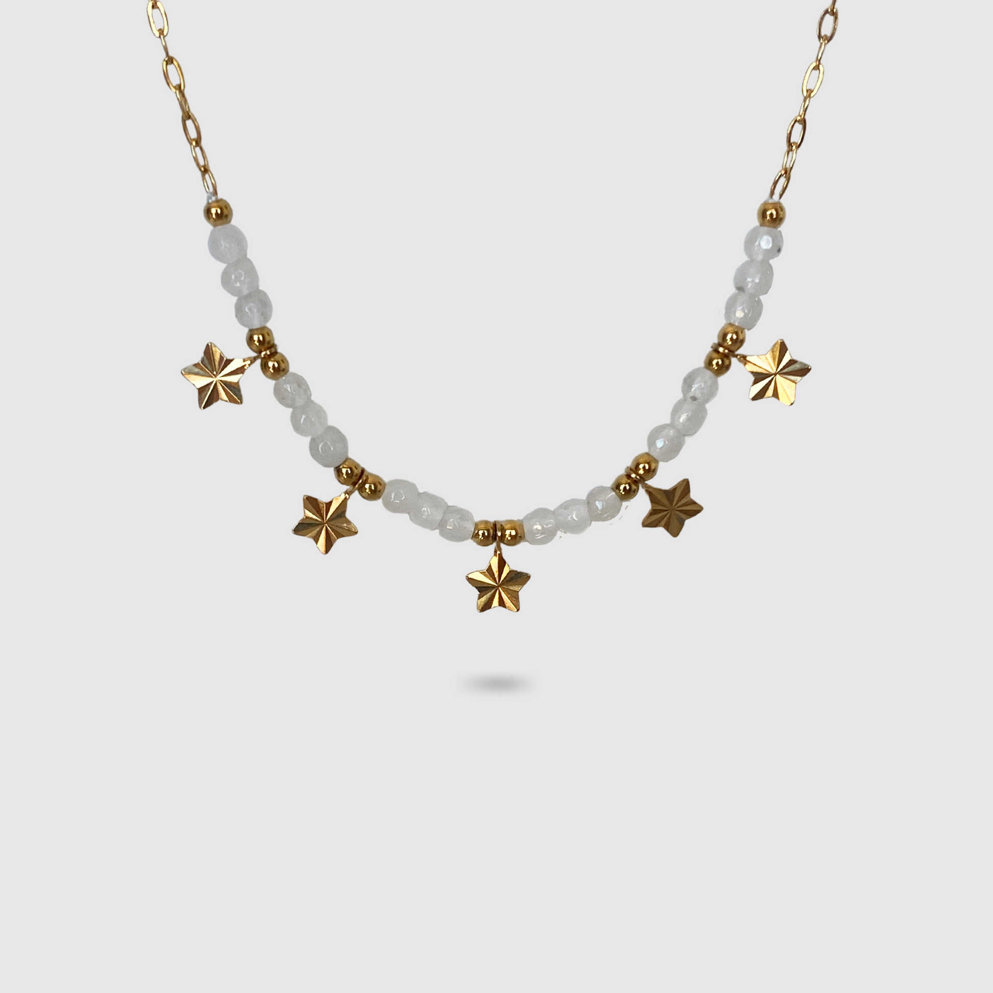 Collier Stellina-perles, acier inoxydable, étoiles, perles blanches, couleur or, ajustable