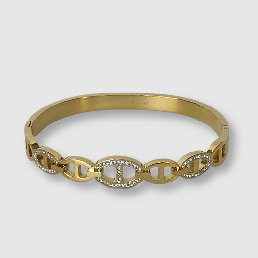 Bracelet-jonc Rêvira-strass, acier inoxydable, strass, 6 petits maillons, 1 gros maillon , couleur or