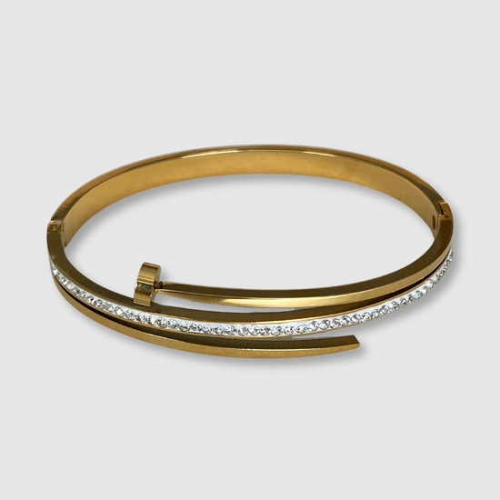 Bracelet-jonc Clouette-luxe, Acier inoxydable, clou, strass, non ajustable, couleur or