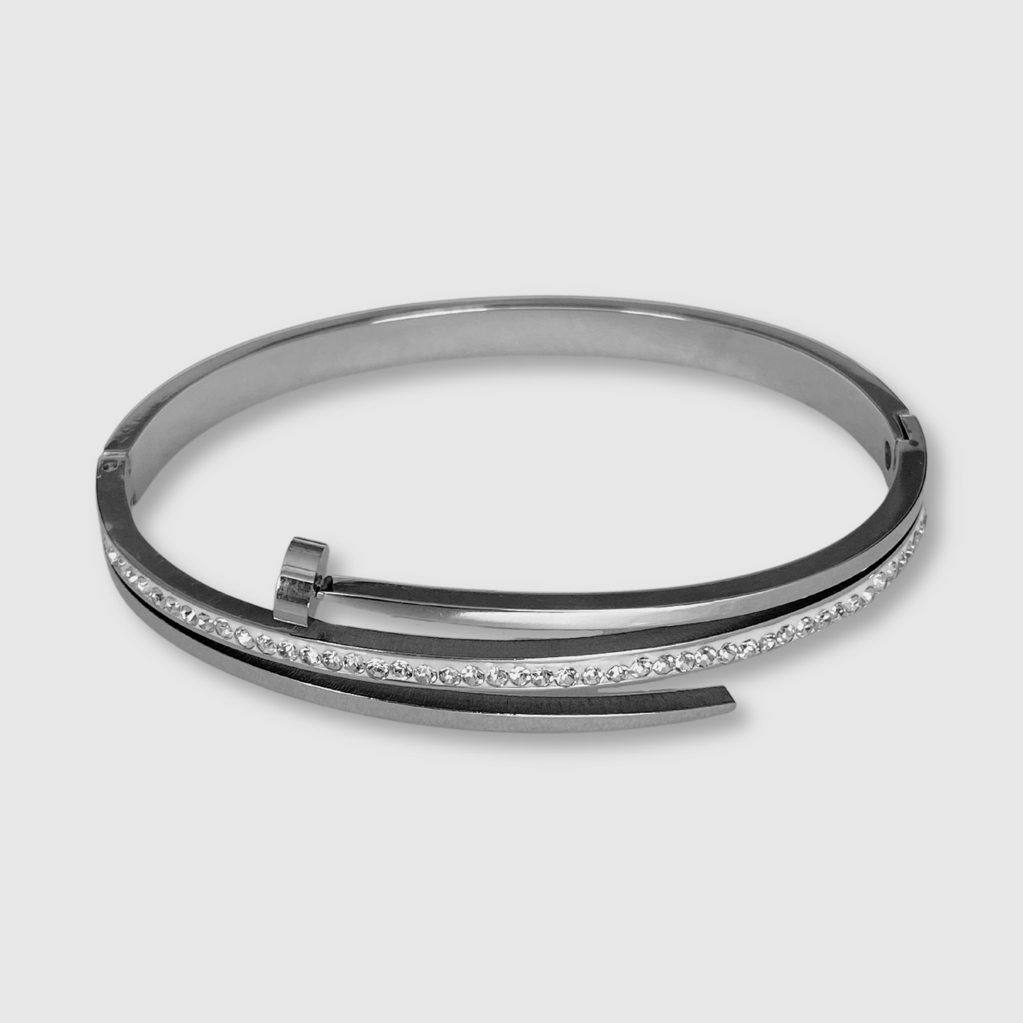 Bracelet-jonc Clouette-luxe, Acier inoxydable, clou, strass, non ajustable, couleur argent