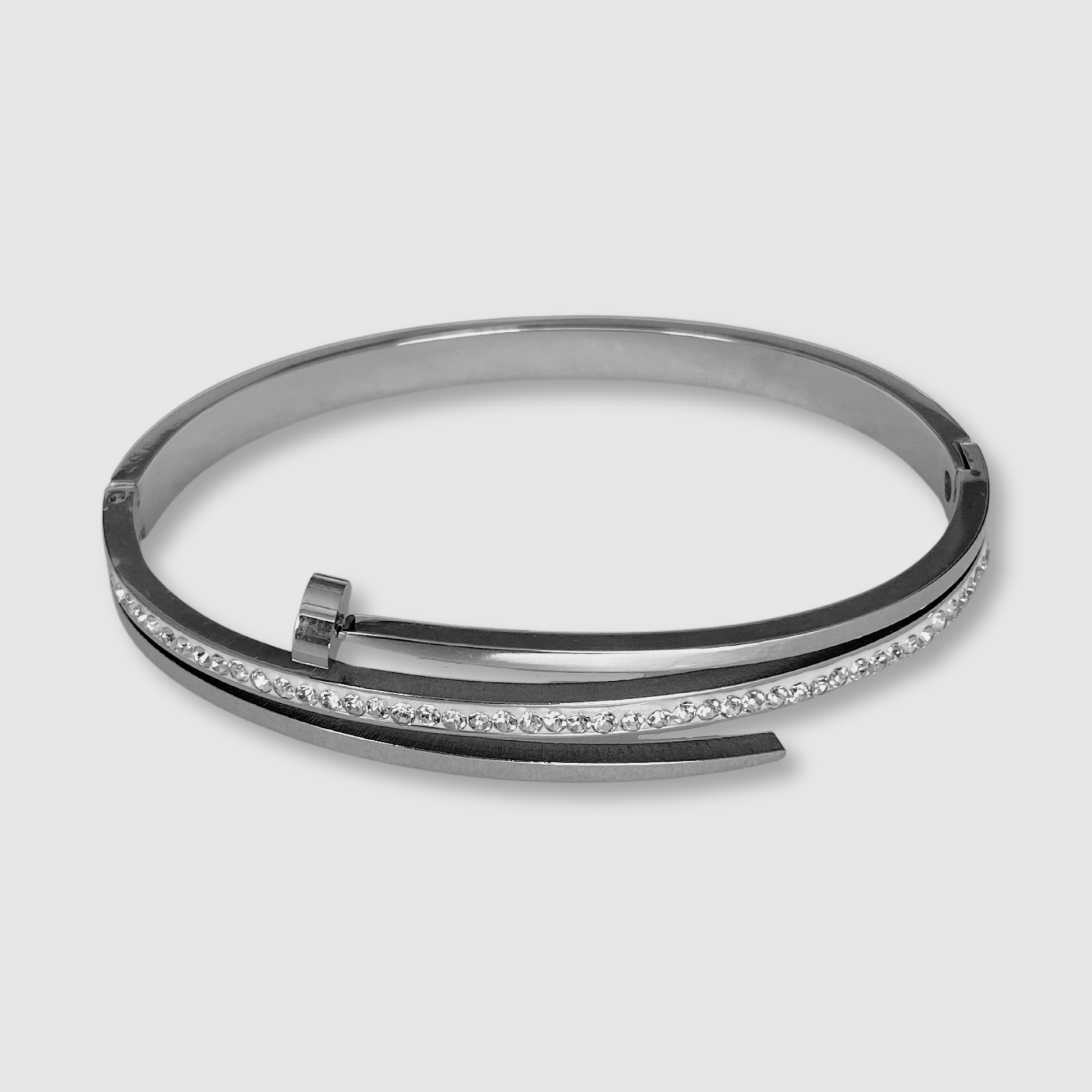 Bracelet-jonc Clouette-luxe, Acier inoxydable, clou, strass, non ajustable, couleur argent