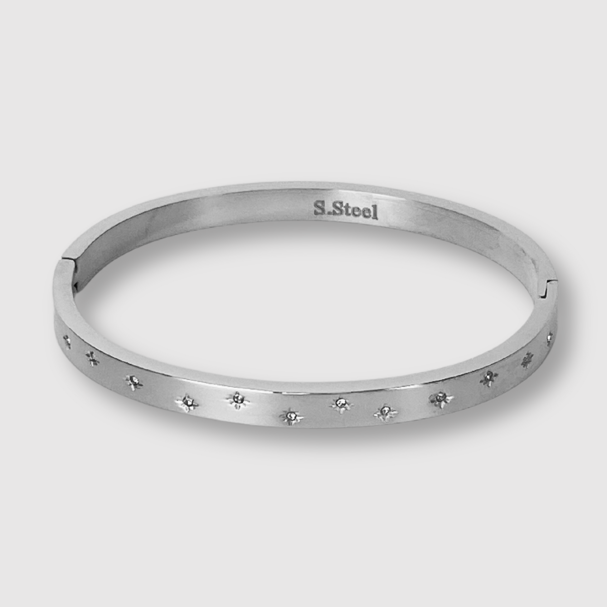 Bracelet-jonc Stella, acier inoxydable, strass, étoiles, couleur argent