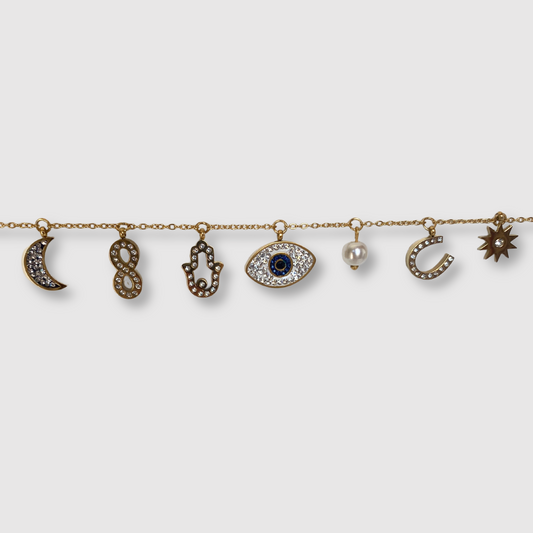 Bracelet Talisman, Lune, œil, étoile, infini, main de Fatma, perle, fer à cheva, strass, couleur or