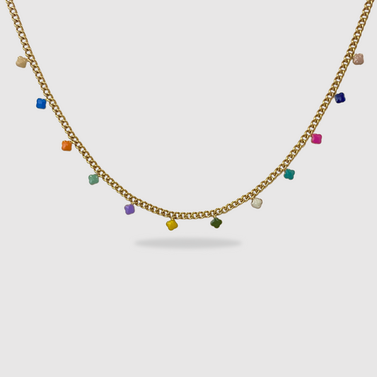 Collier Maléna, Acier inoxydable, couleur or, trèfles multicolores, ajustable