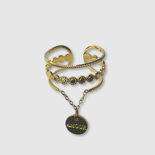 Bague Amour-breloque, acier inoxydable, disque gravé "amour", breloque, couleur or, ajustable