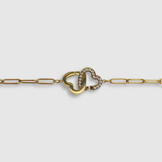 Bracelet Belladiva, acier inoxydable, 2 cœurs entrelacés, couleur or, strass, ajustable