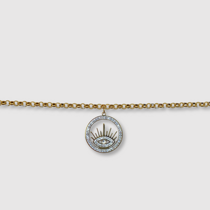 Bracelet Céleste, acier inoxydable, couleur or et argent, œil, cercle, strass, ajustable, couleur or
