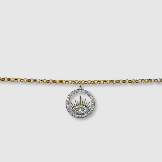 Bracelet Céleste, acier inoxydable, couleur or et argent, œil, cercle, strass, ajustable, couleur or