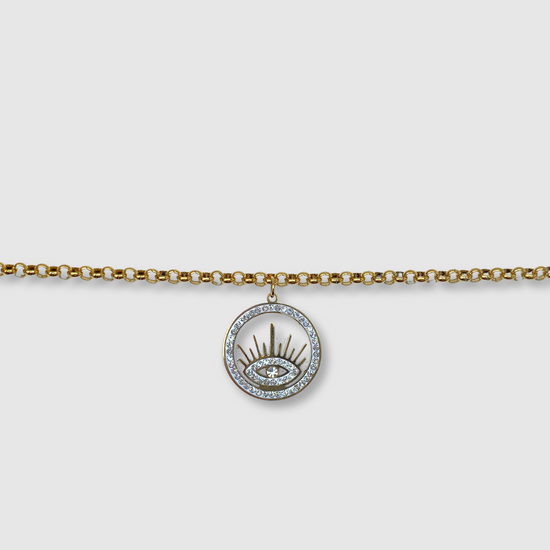 Bracelet Céleste, acier inoxydable, couleur or et argent, œil, cercle, strass, ajustable, couleur or