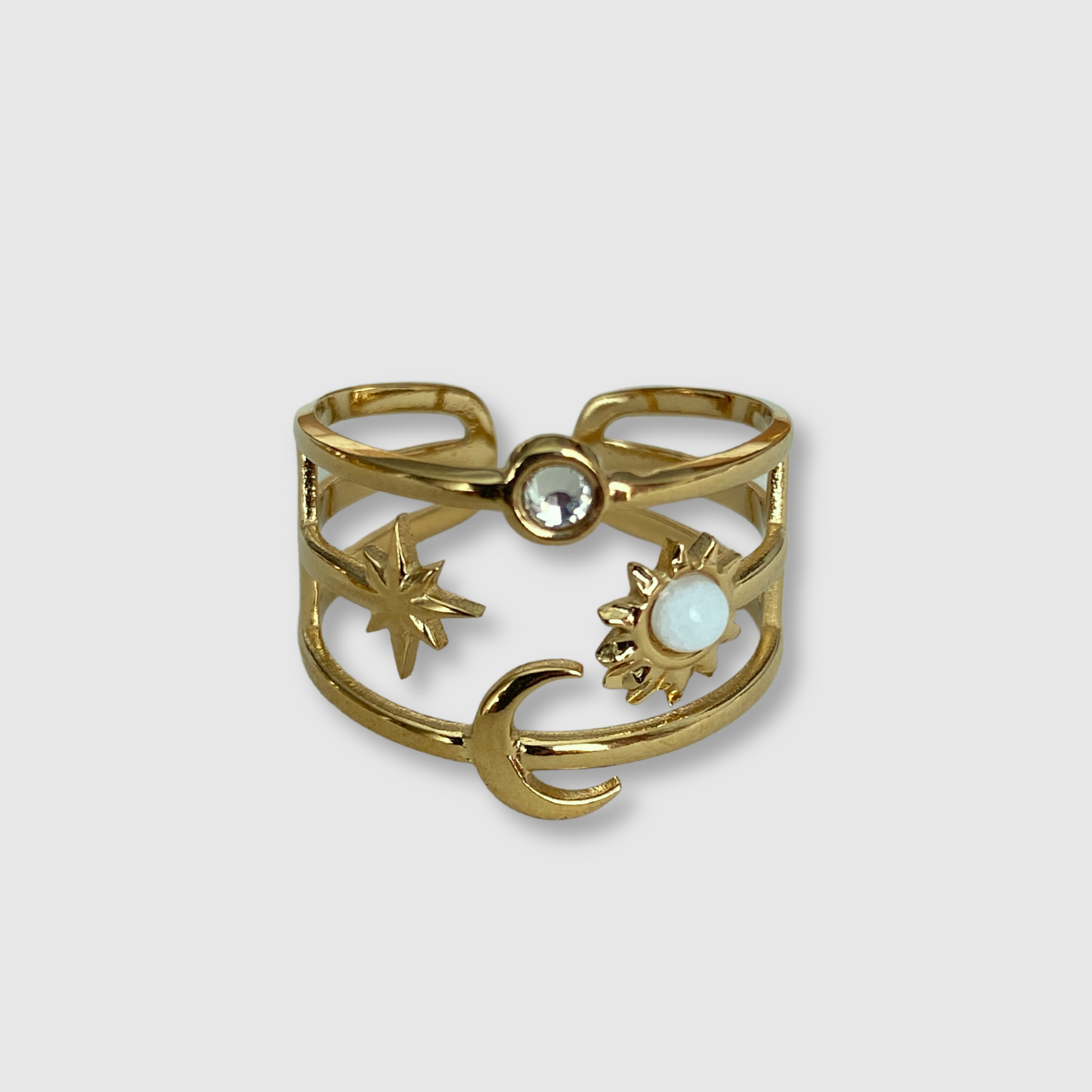 Bague Ciel, acier inoxydable, lune, soleil, étoile, perle, strass, ajustable, couleur or, perle blanche