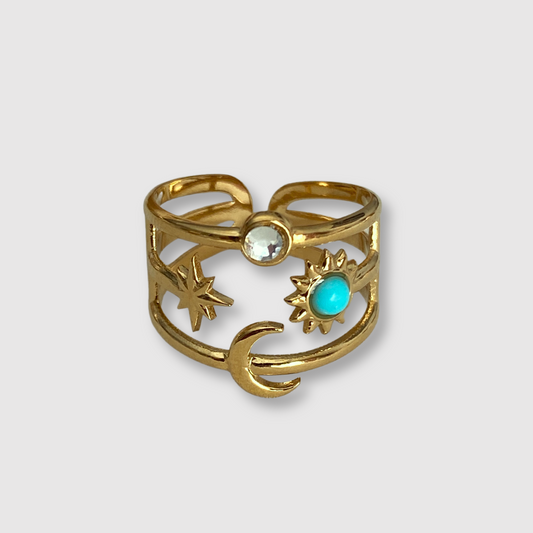 Bague Ciel, acier inoxydable, lune, soleil, étoile, perle, strass, ajustable, couleur or, perle turquoise