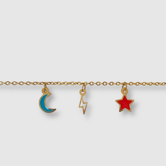 Bracelet Ciel, acier inoxydable, couleur or, lune, éclaire, étoile, ajustable