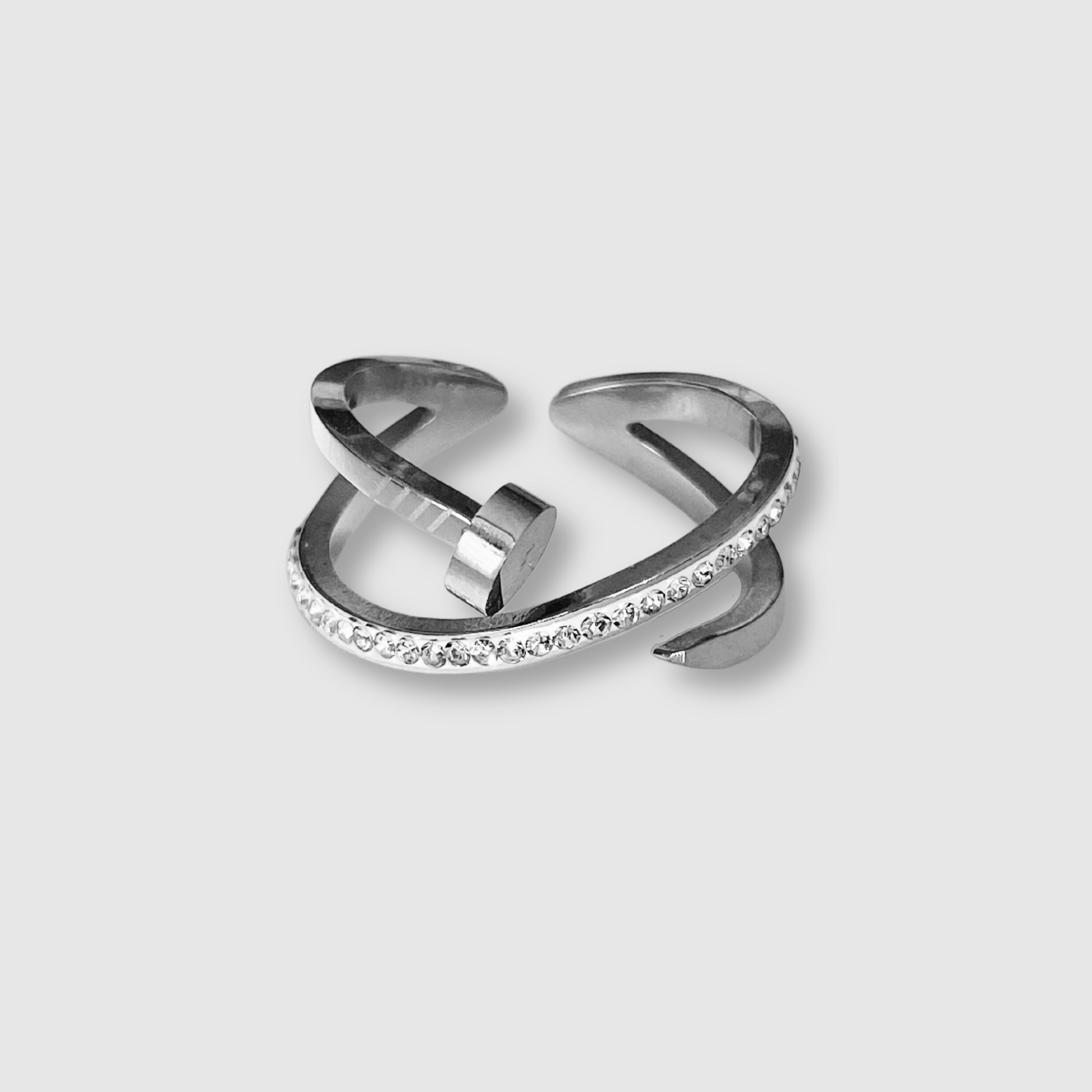 Bague Clouette-double strass, acier inoxydable, double anneaux, clou, strass, ajustable, couleur argent
