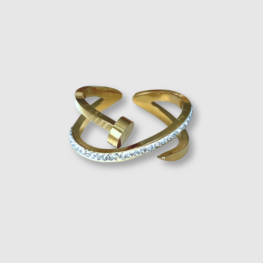 Bague Clouette-double strass, acier inoxydable, double anneaux, clou, strass, ajustable, couleur or/argent