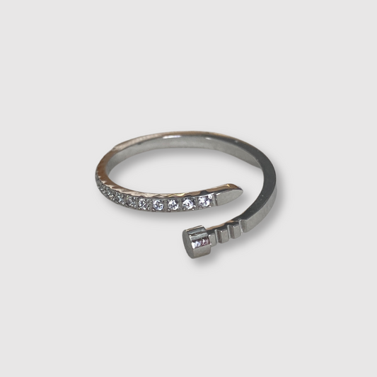 Bague Clouette-strass, acier inoxydable, clou, strass, ajustable, couleur argent