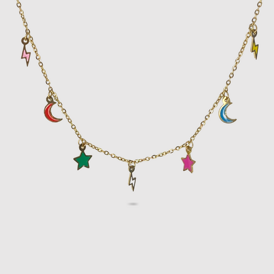 Collier Ciel, acier inoxydable, ajustable, couleur or, lunes, étoiles, éclaires multicolores