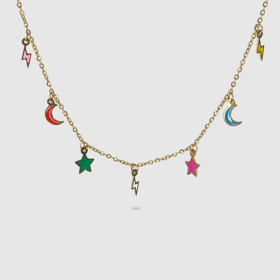 Collier Ciel, acier inoxydable, ajustable, couleur or, lunes, étoiles, éclaires multicolores