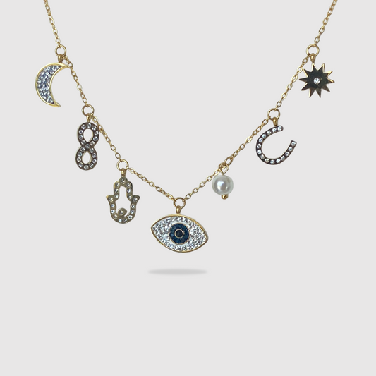 Collier Talisman, Lune, œil, étoile, infini, main de Fatma, perle, fer à cheva, strass, couleur or, ajustable