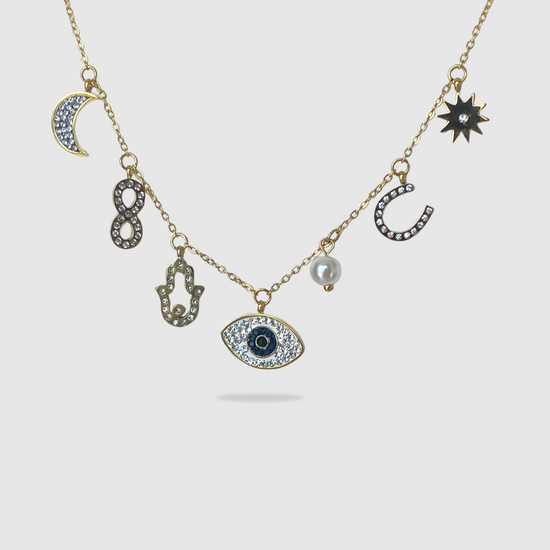 Collier Talisman, Lune, œil, étoile, infini, main de Fatma, perle, fer à cheva, strass, couleur or, ajustable