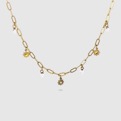 Collier Tav, acier inoxydable, 3 soleils, 4 grappes de perles blanches, couleur or, ajustable
