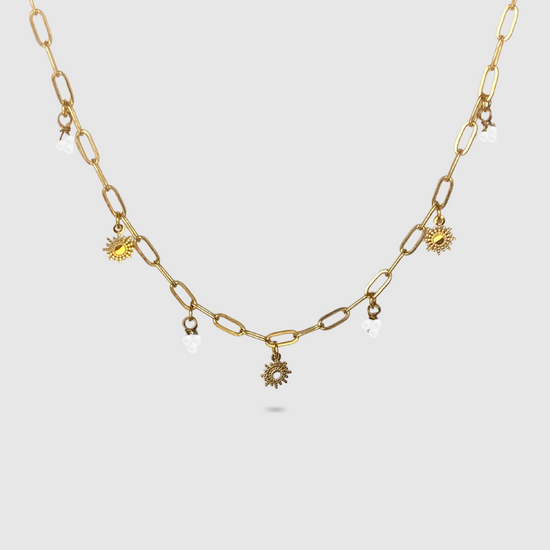 Collier Tav, acier inoxydable, 3 soleils, 4 grappes de perles blanches, couleur or, ajustable