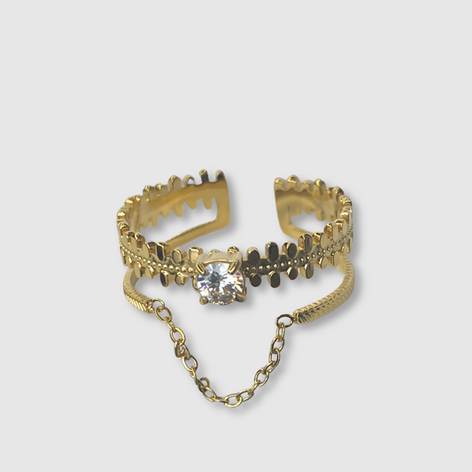 Bague Diamz, Acier inoxydable, double anneau, diamant (imitation), ajustable, couleur or