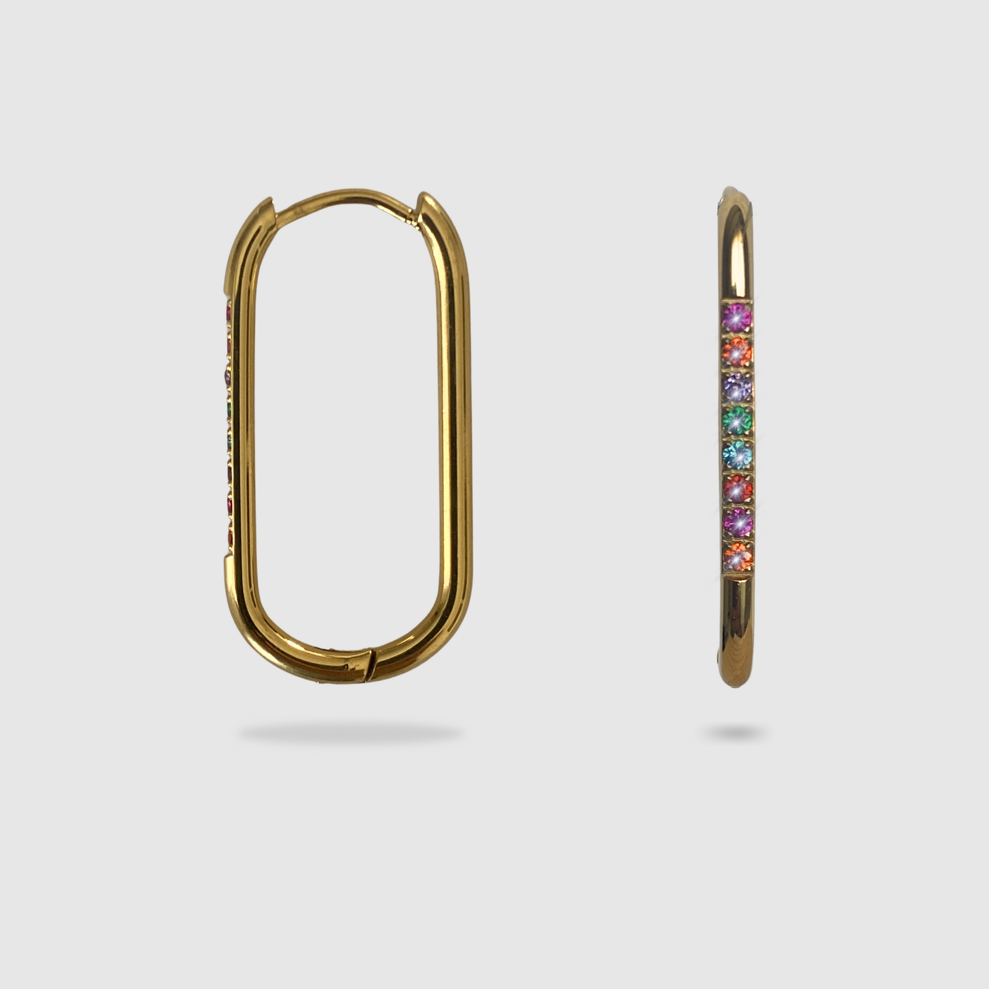 Boucles d'oreilles Dia, Acier inoxydable, rectangle arrondi, strass, multicolore, couleur or