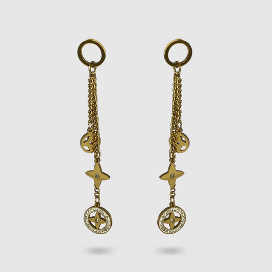 Boucles d'oreilles Divinova, acier inoxydable, 3 pendants d'étoiles 4 pointes, strass, couleur or