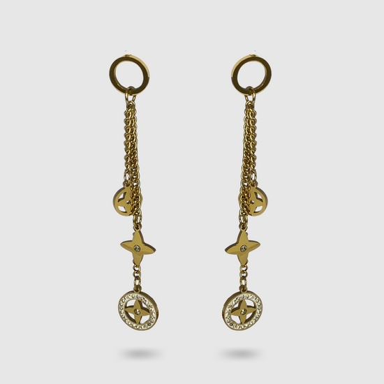 Boucles d'oreilles Divinova, acier inoxydable, 3 pendants d'étoiles 4 pointes, strass, couleur or