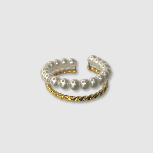 Bague Elégantia-double, acier inoxydable, double anneau, 21 perles, couleur or, ajustable