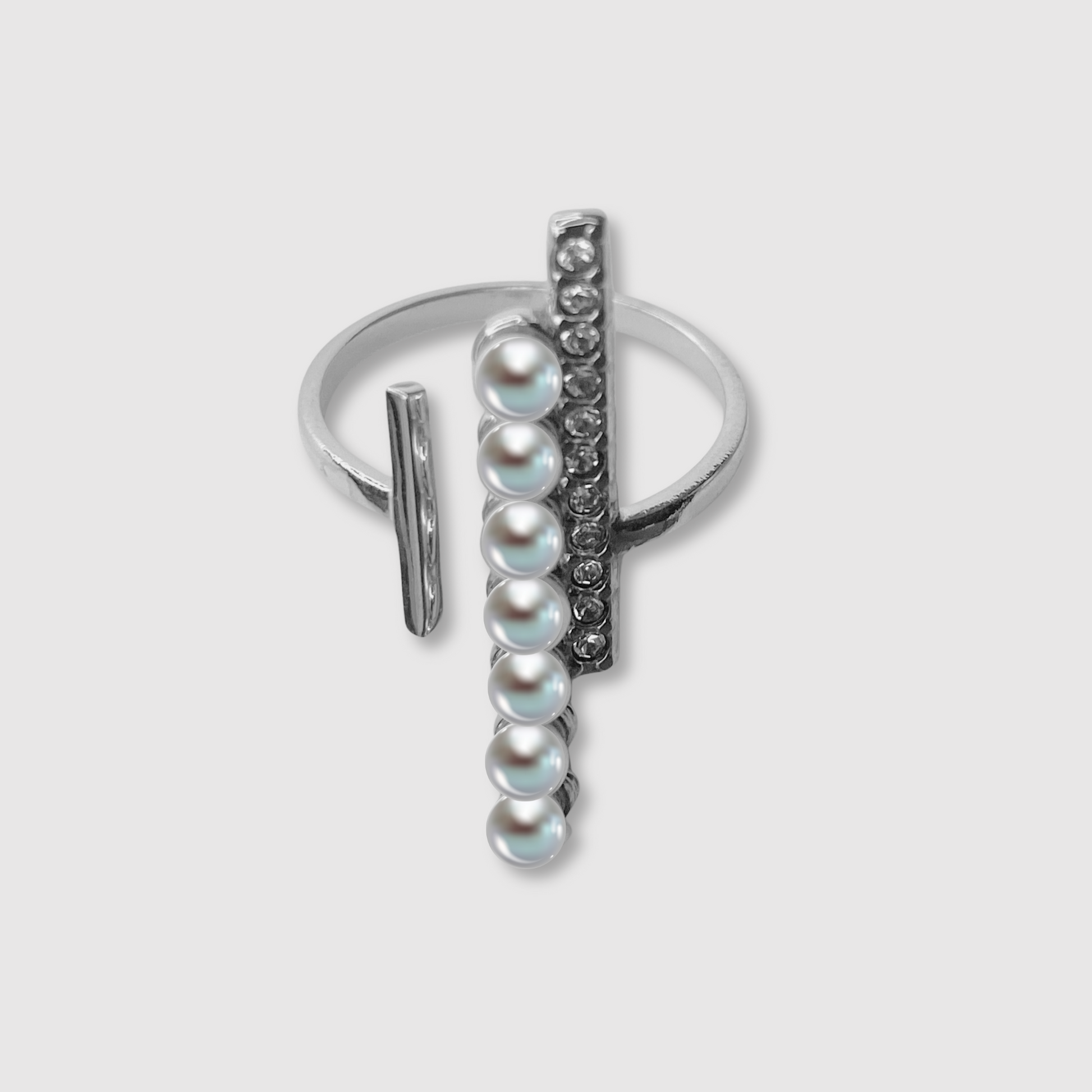 Bague Elégantia-strass, acier inoxydable, 7 perles, 11 strass, ajustable, couleur argent