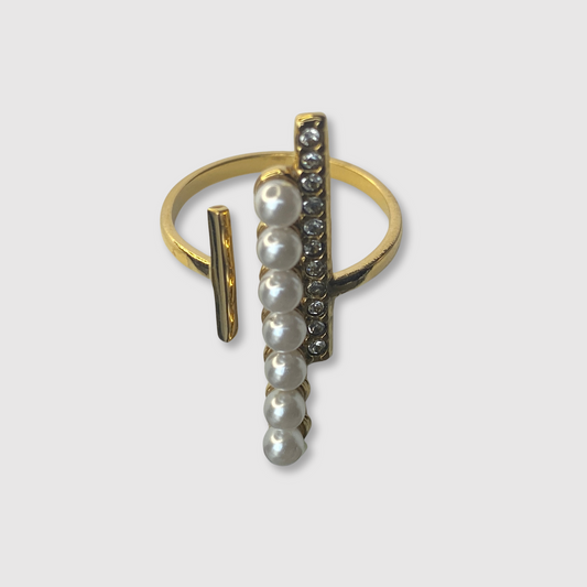 Bague Elégantia-strass, acier inoxydable, 7 perles, 11 strass, ajustable, couleur or
