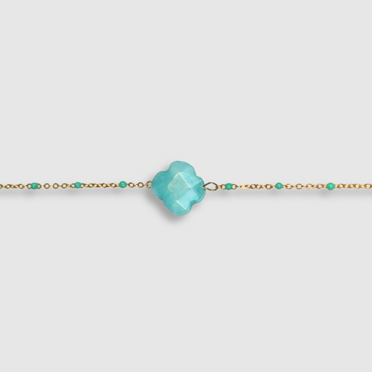 Bracelet Elénia, acier inoxydable, trèfle, perles, ajustable, couleur or et turquoise