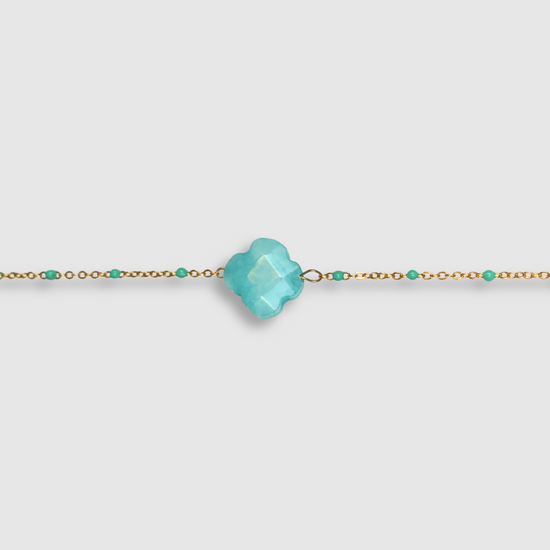 Bracelet Elénia, acier inoxydable, trèfle, perles, ajustable, couleur or et turquoise