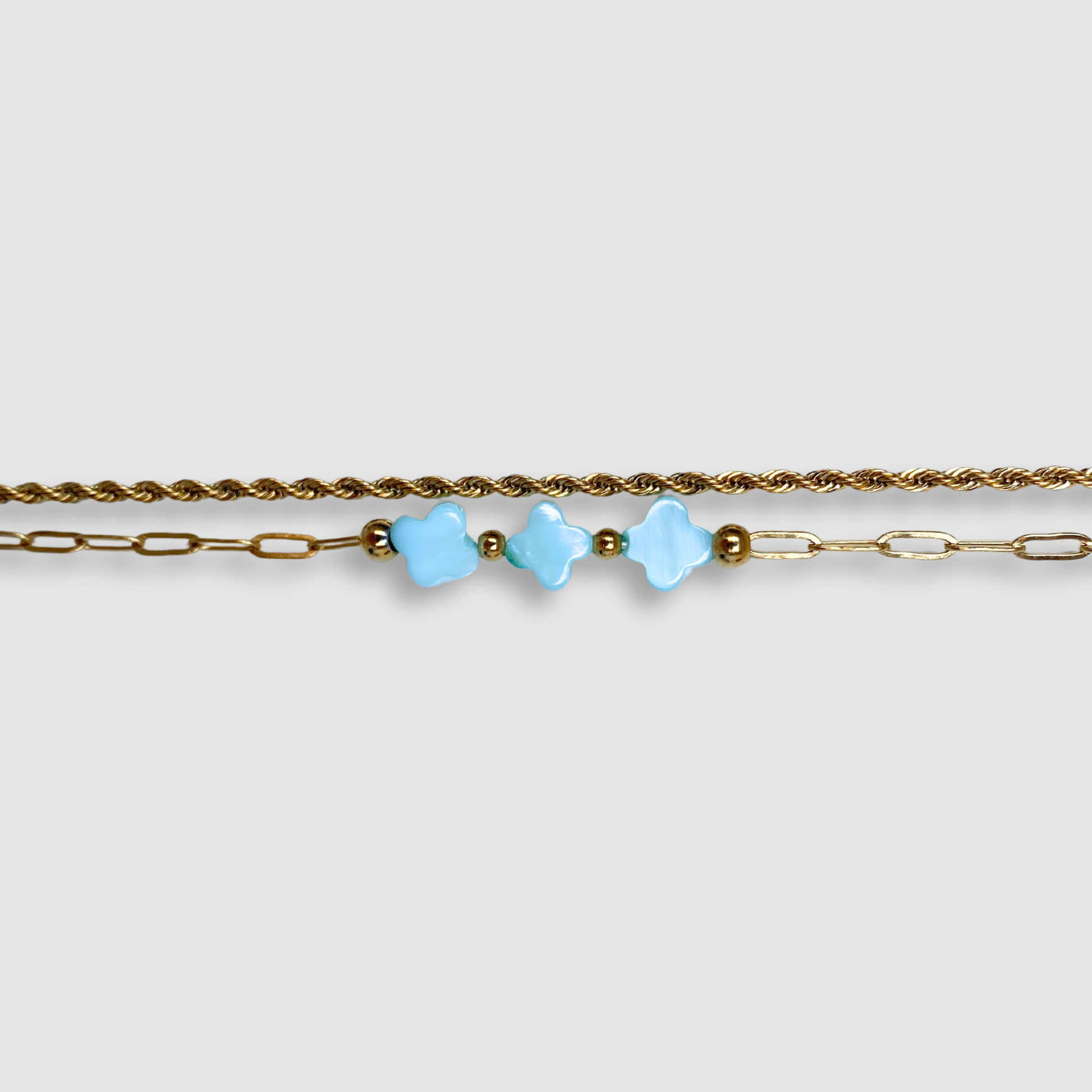 Bracelet Elénia-double, acier inoxydable, 3 trèfles, double chaîne, ajustable, couleur or, trèfles turquoises