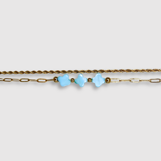 Bracelet Elénia-double, acier inoxydable, 3 trèfles, double chaîne, ajustable, couleur or, trèfles turquoises