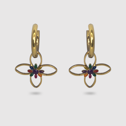 Boucles d'oreilles Flora, acier inoxydable, fleur, multicolore, couleur or