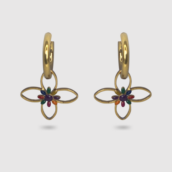 Boucles d'oreilles Flora, acier inoxydable, fleur, multicolore, couleur or