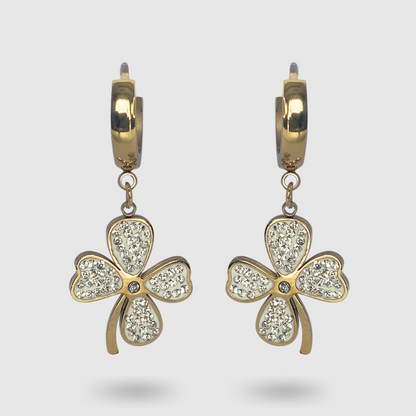 Boucles d'oreilles Fortune-strass, Acier inoxydable, strass, trèfle, couleur or