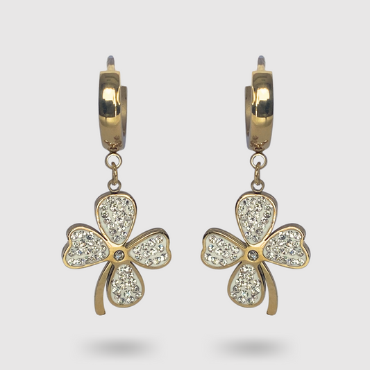 Boucles d'oreilles Fortune-strass, Acier inoxydable, strass, trèfle, couleur or