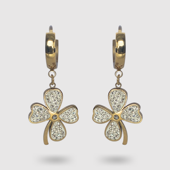 Boucles d'oreilles Fortune-strass, Acier inoxydable, strass, trèfle, couleur or