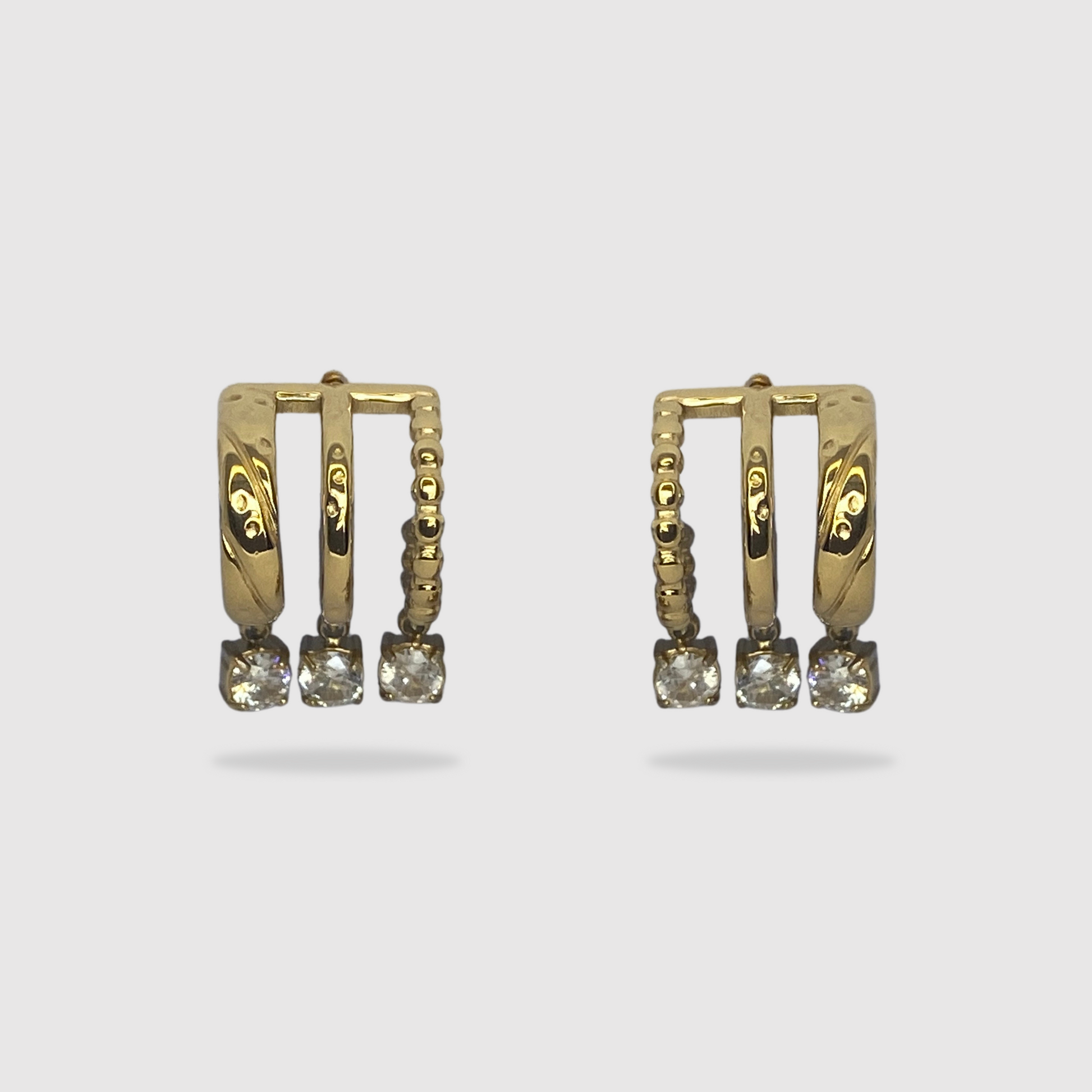 Boucles d'oreilles Lima, acier inoxydable, 3 diamants (imitation), triple anneaux, couleur or