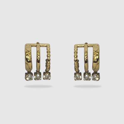 Boucles d'oreilles Lima, acier inoxydable, 3 diamants (imitation), triple anneaux, couleur or