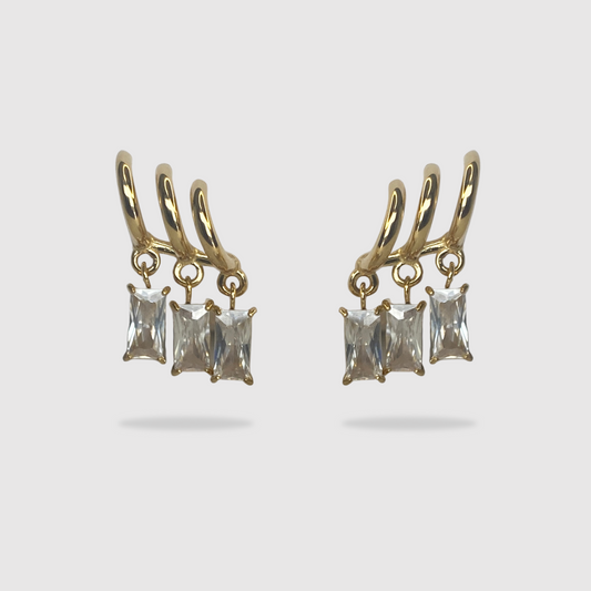 Boucles d'oreilles Lola, Acier inoxydable, 3 diamants (imitation), 3 demi-anneaux, couleur or