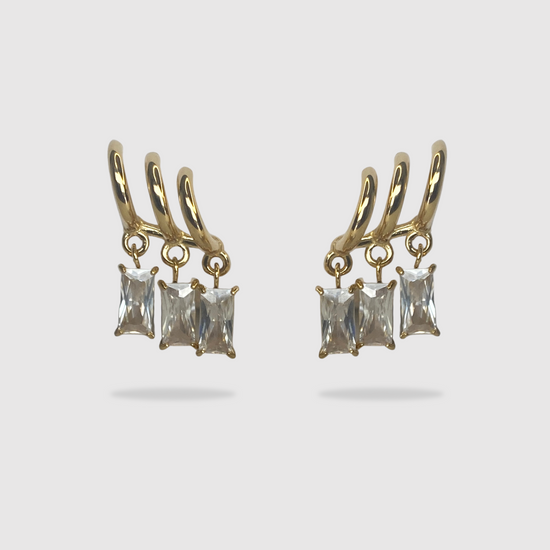 Boucles d'oreilles Lola, Acier inoxydable, 3 diamants (imitation), 3 demi-anneaux, couleur or