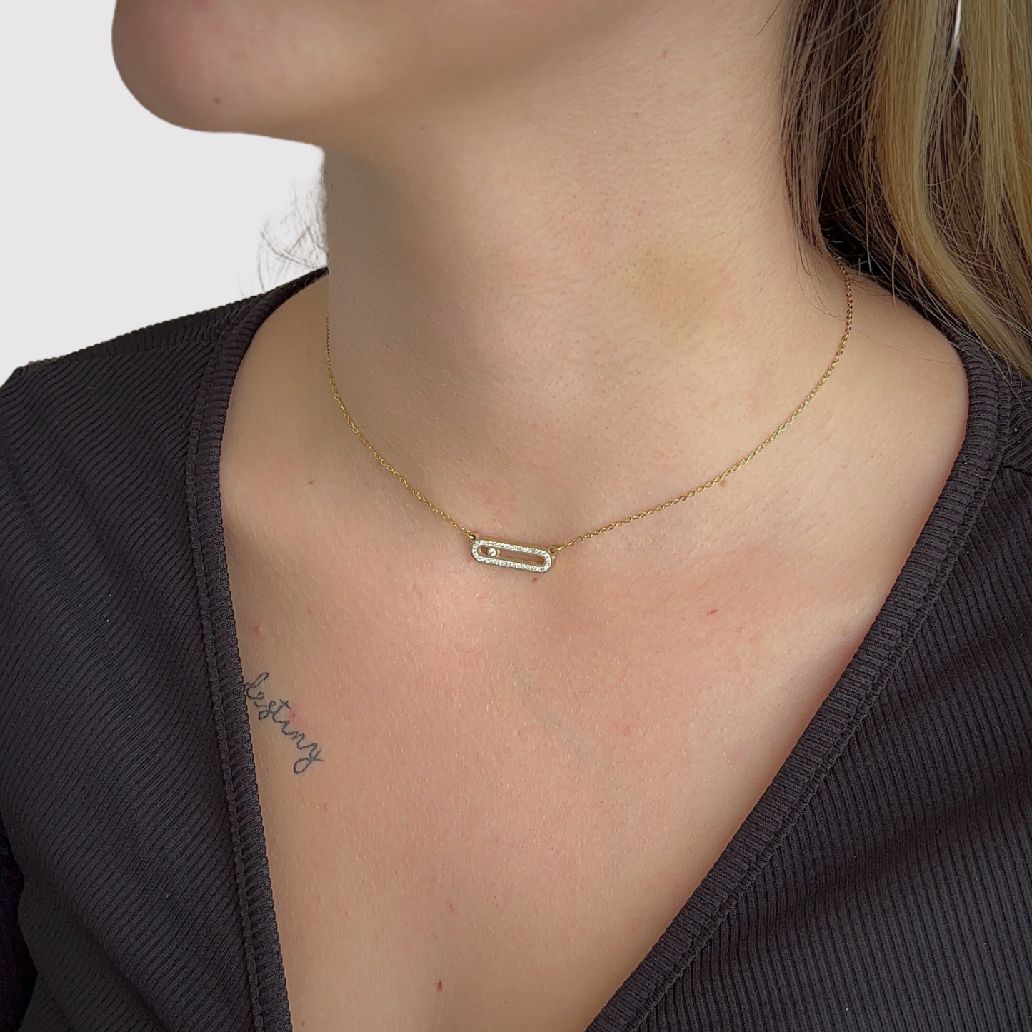 Collier acier inoxydable, couleur or, strass, rectangle arrondi, ajustable