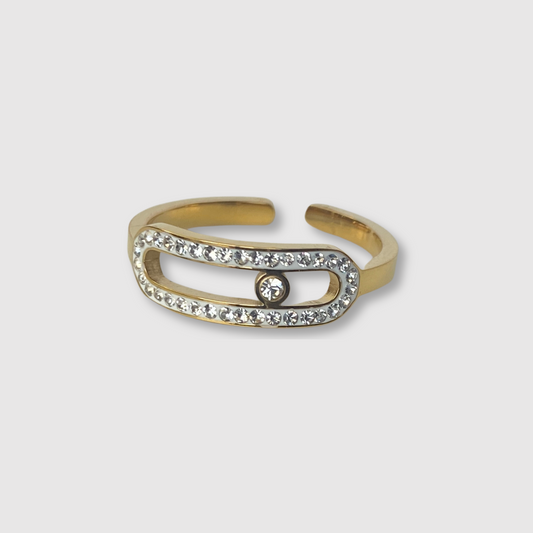 Bague Luxora, acier inoxydable, rectangle arrondi, strass, ajustable, couleur or
