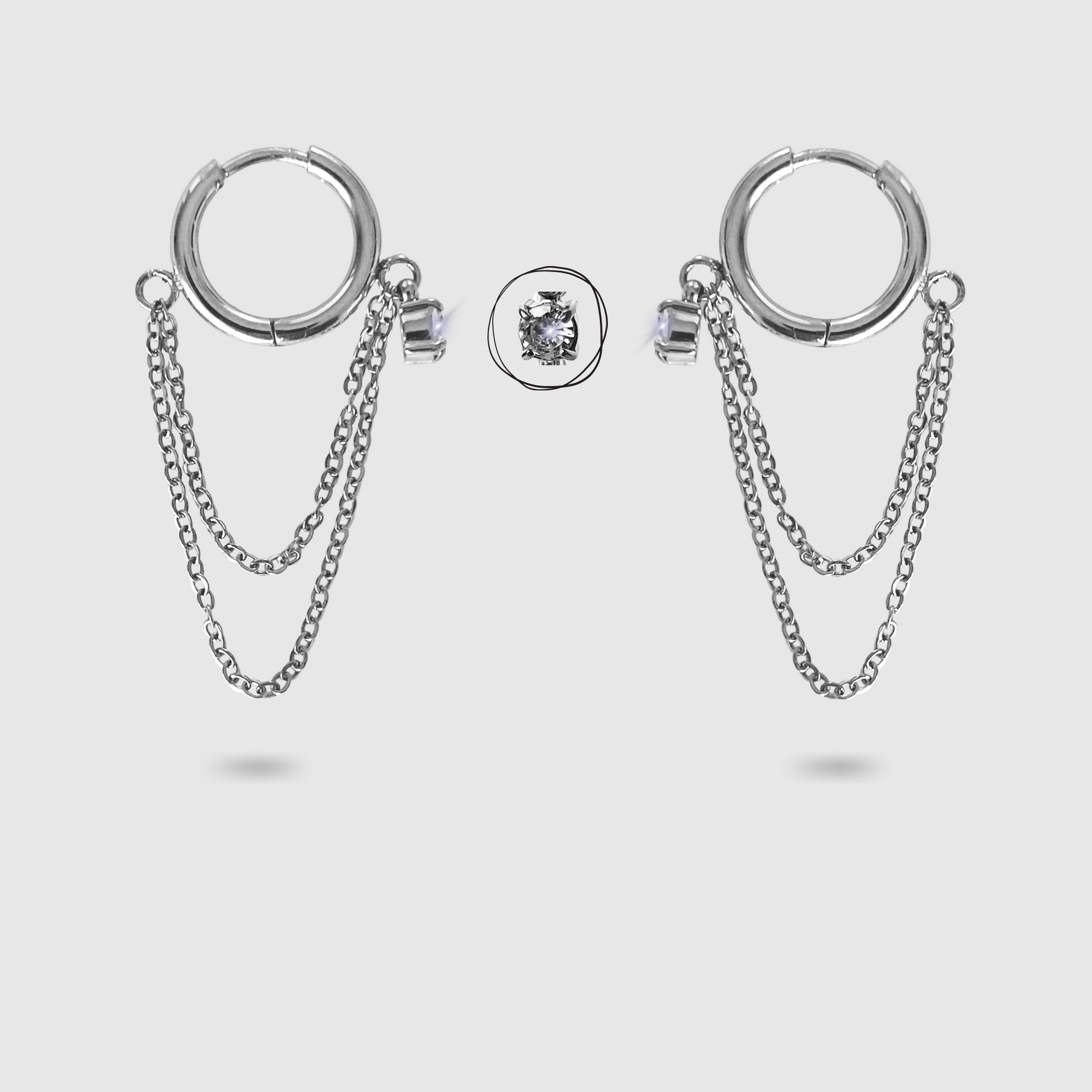 Boucles d'oreilles Luxuria, Acier inoxydable, 1 diamant (imitation), double chaînettes, couleur argent